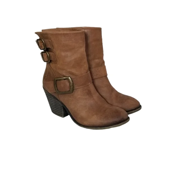 LUCKY BRAND Tommie Womens Cognac Leather Western Heeled Ankle Booties Size 8.5 - Picture 1 of 11